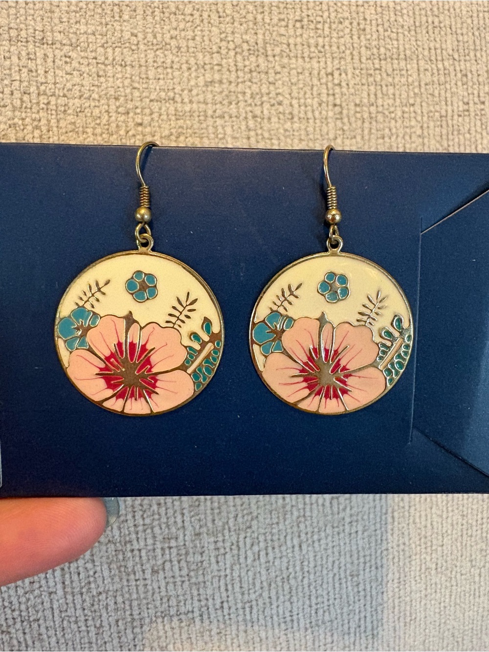 Vintage Hand-Painted Floral Drop Earrings in Pink and Teal